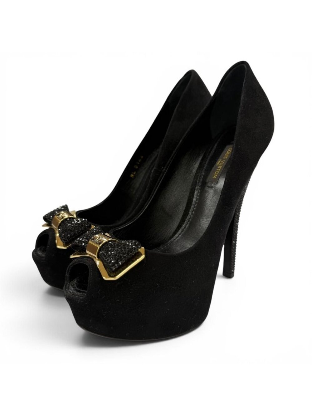 Louis Vuitton LV Ribbon Rhinestone Suede Leather Pumps Black Heel 35.5